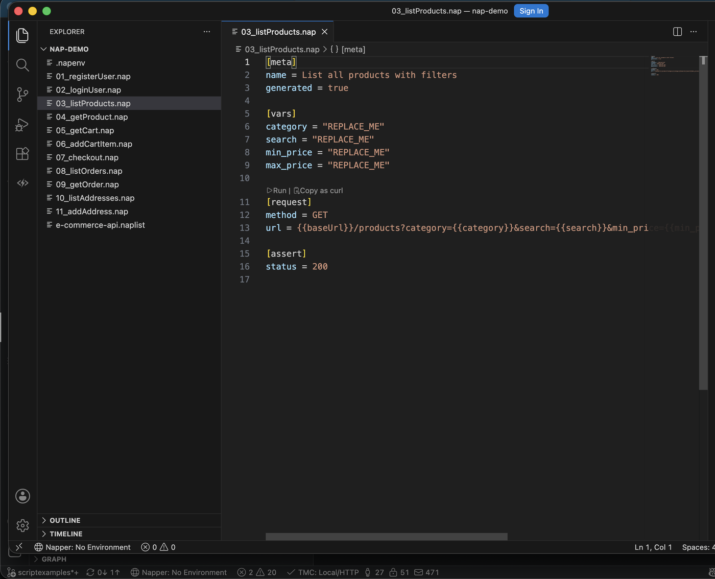 Screenshot: VS Code workspace with a .nap file open, CodeLens Run button visible above the request line, and the Napper Explorer panel populated with discovered requests