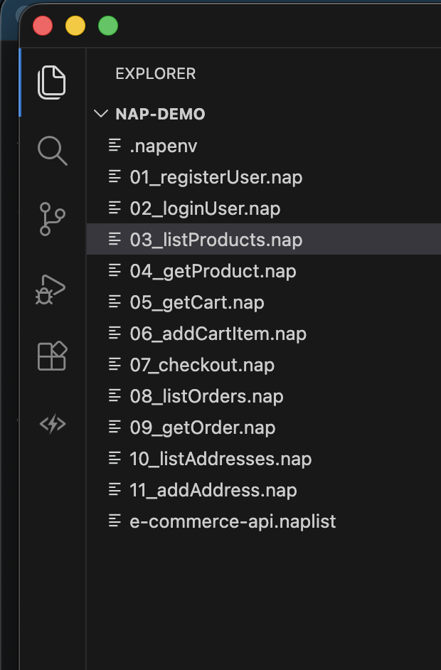 Screenshot: Napper VS Code extension installed and active in the VS Code Activity Bar, showing the Napper panel icon