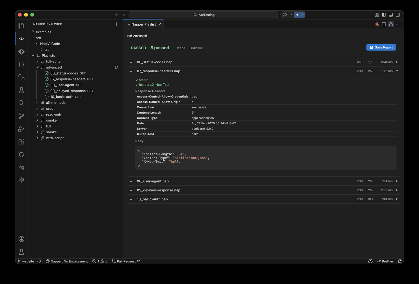 Screenshot: Napper VS Code extension showing the request explorer panel, syntax-highlighted .nap file, and response viewer with JSON body and assertion results