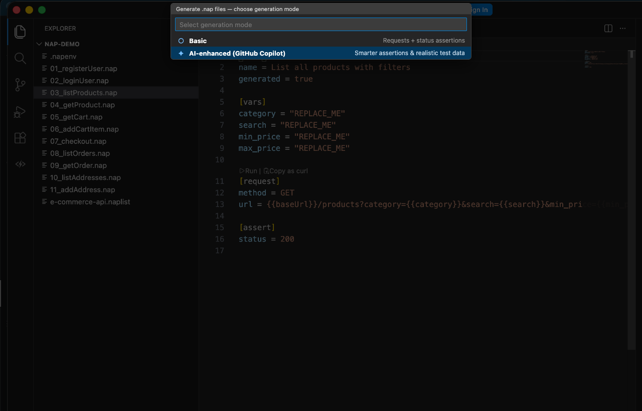Screenshot: AI-enhanced generation option in VS Code, showing richer assertions and realistic test data generated via GitHub Copilot