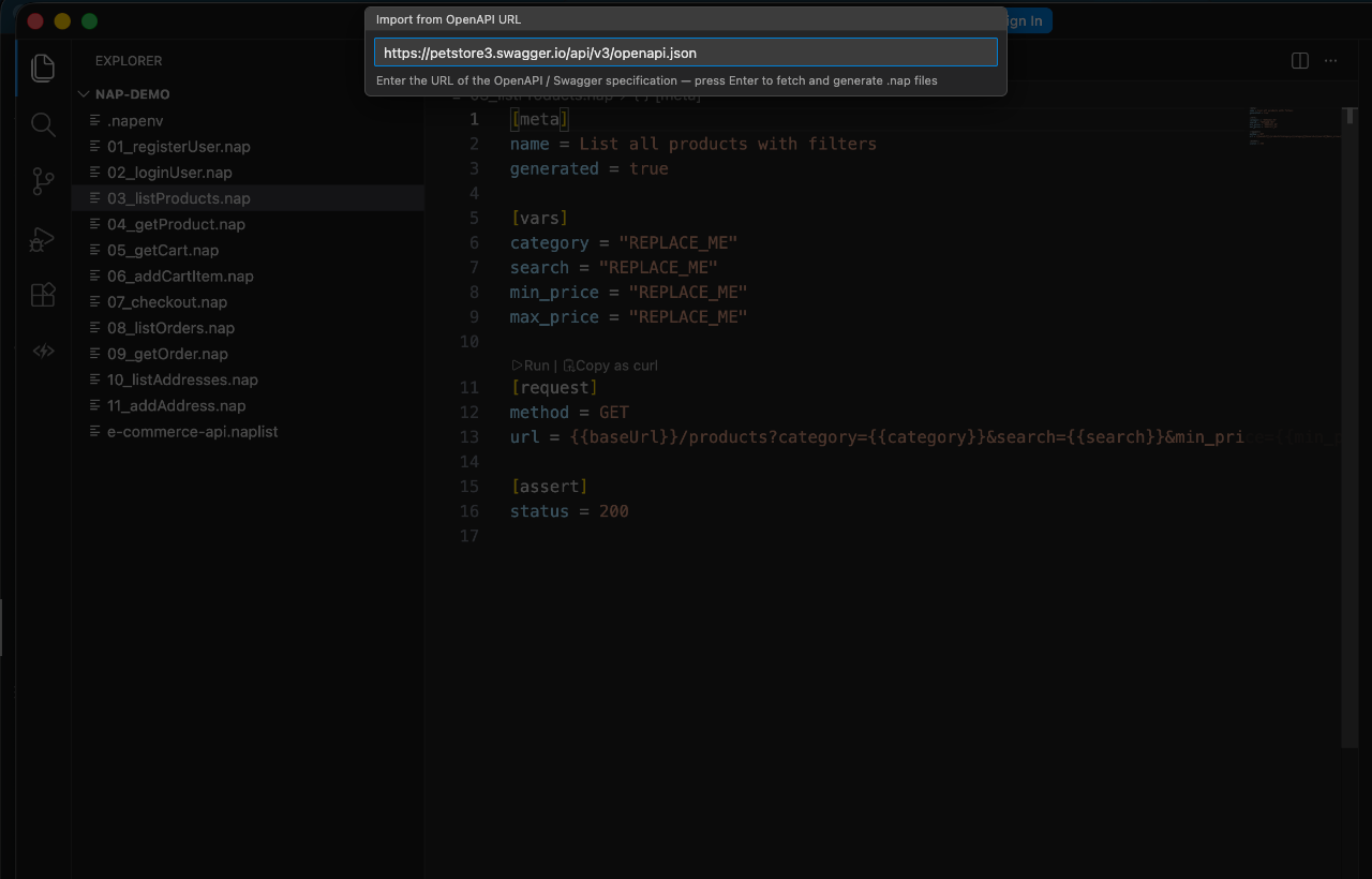 Screenshot: Napper OpenAPI import dialog in VS Code with a URL field pointing to the Petstore spec, and basic vs AI-enhanced generation options