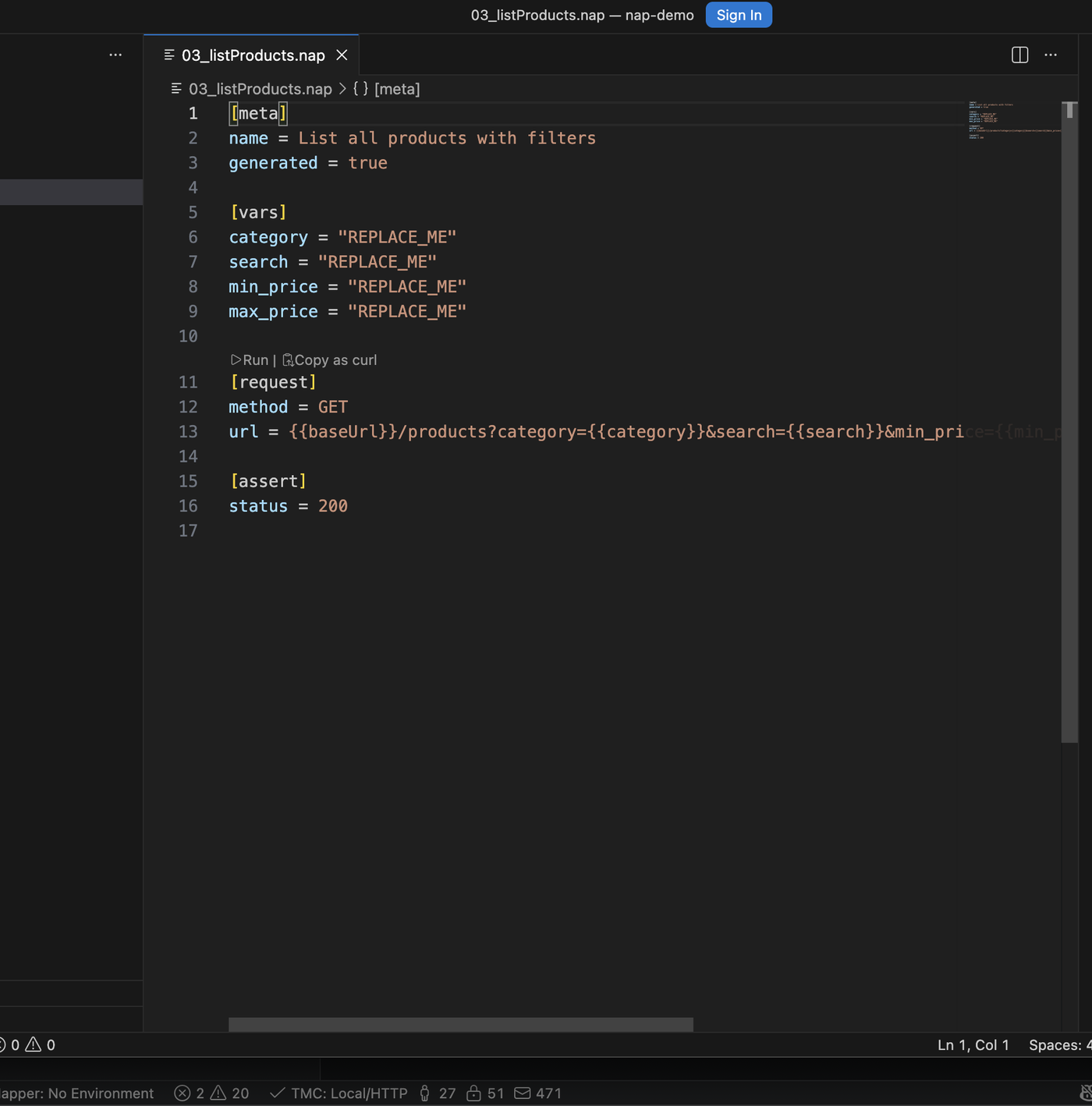 Screenshot: VS Code with a newly created hello.nap file open, showing the GET request line and the CodeLens Run button above it